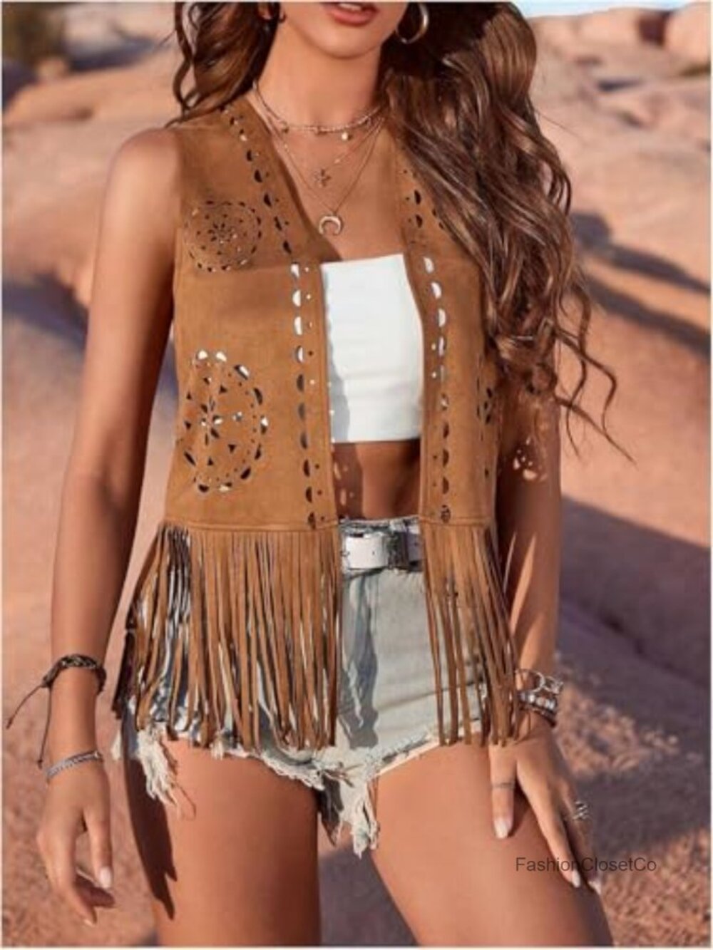 Faux Suede Fringe Vest Hippie 70s Western Cowgirl Sleeveless Cardigan Boho - Picture 4 of 6